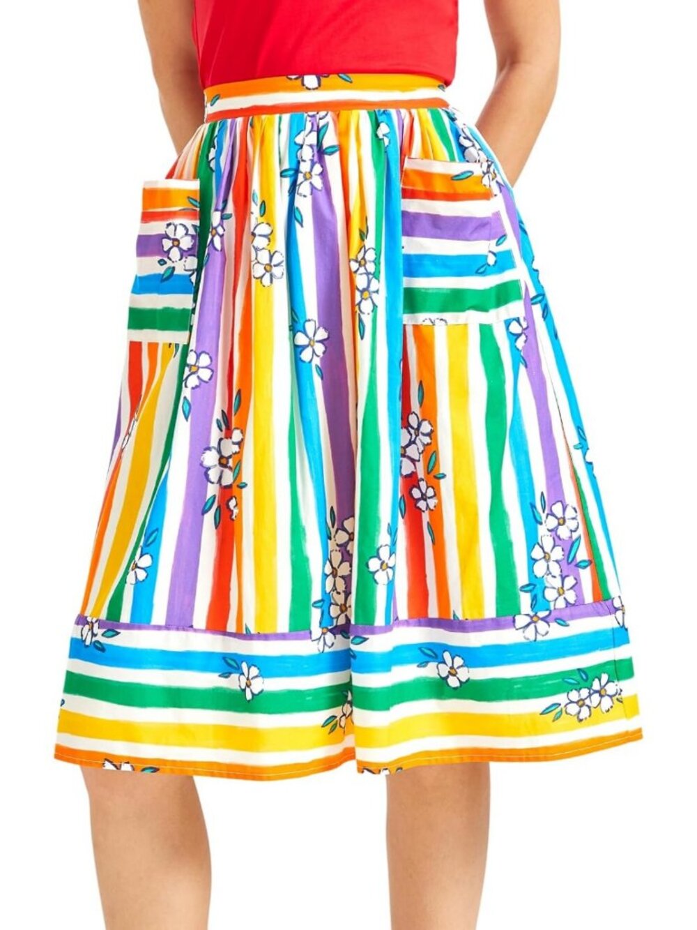 Vintage Inspired Rainbow Stripe Cotton Skirt with Pockets | Women's Fashion